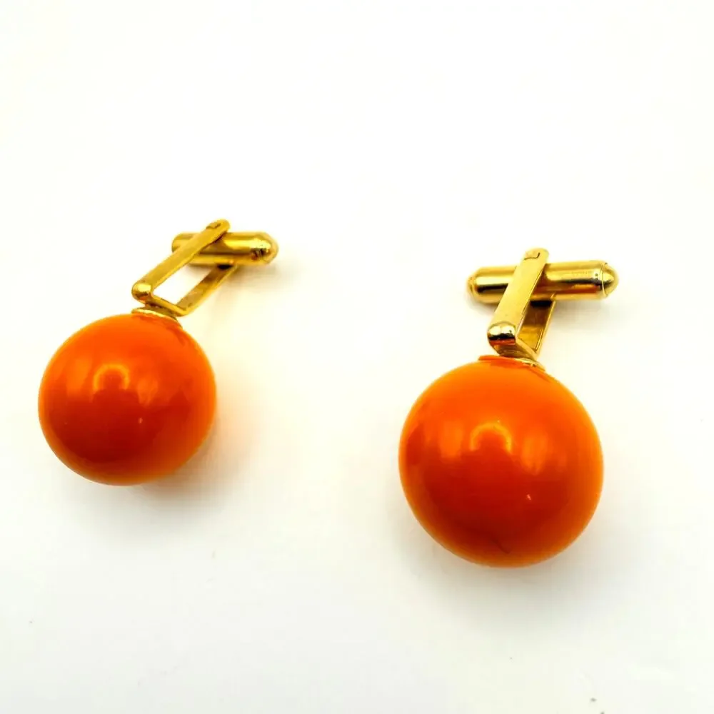 Vintage 1970s MCM Orange Lucite Ball Cufflinks Modern Mod Gold Tone